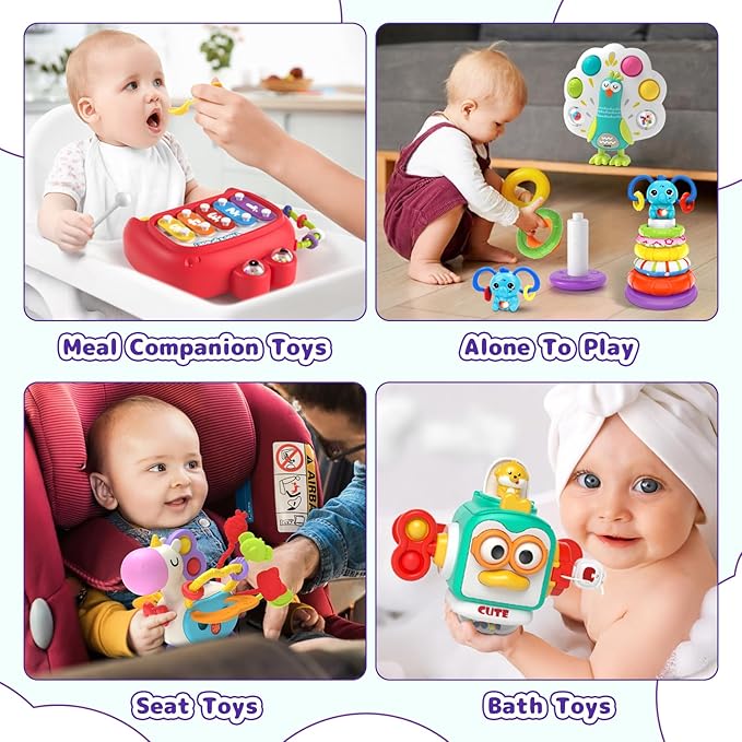 5 in 1 Baby Toy for 9 12 18 Month, Learning Toys for Babies 6-12 Months, Baby Busy Cube, Stacking&Sensory, Pull String&Piano Xylophone Toy, Birthday Gift for 7 8 9 Month
