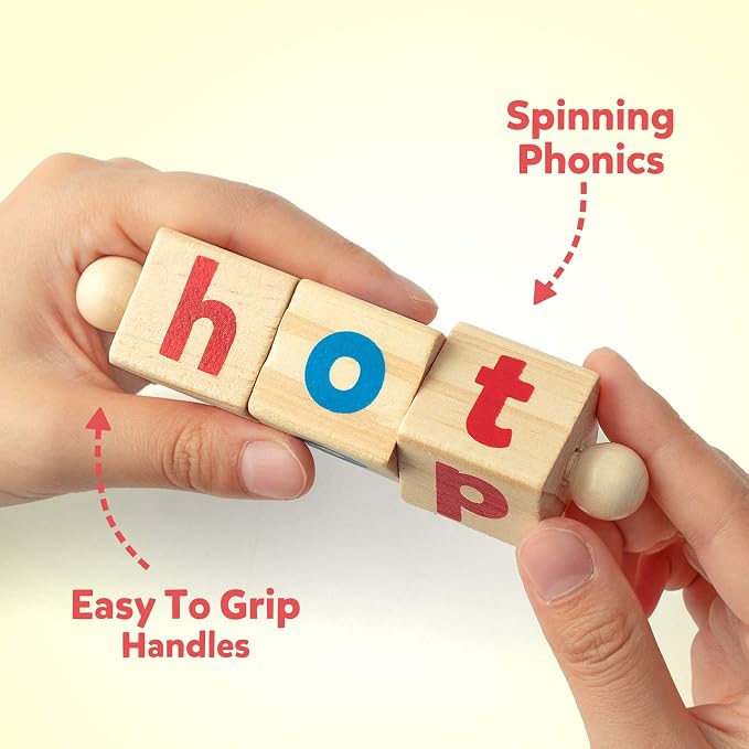 Coogam Wooden Reading Blocks Short Vowel Rods Spelling Games, Flash Cards Turning Rotating Letter Puzzle for Kids, Site Words Montessori Spinning Alphabet Learning Toy for Preschool Boys Girls - Image 2