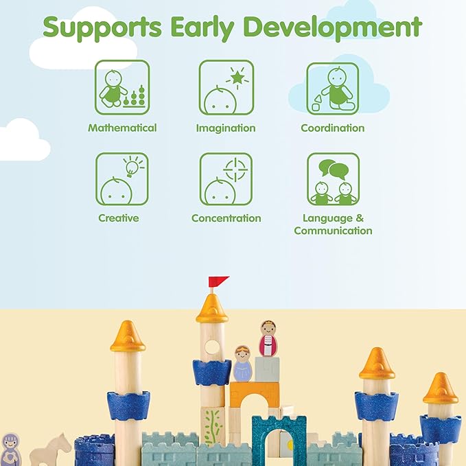 PlanToys® Castle Blocks Wooden Montessori Building and Imaginative Play Set | Creative Thinking, Fine Motor and Early STEM Learning Activity | Eco Friendly Open Ended Construction Toy
