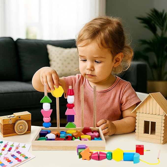 LovesTown Beads Sequencing Toy, Wooden Shape Stacking, 8 Cards, Frame - Image 3