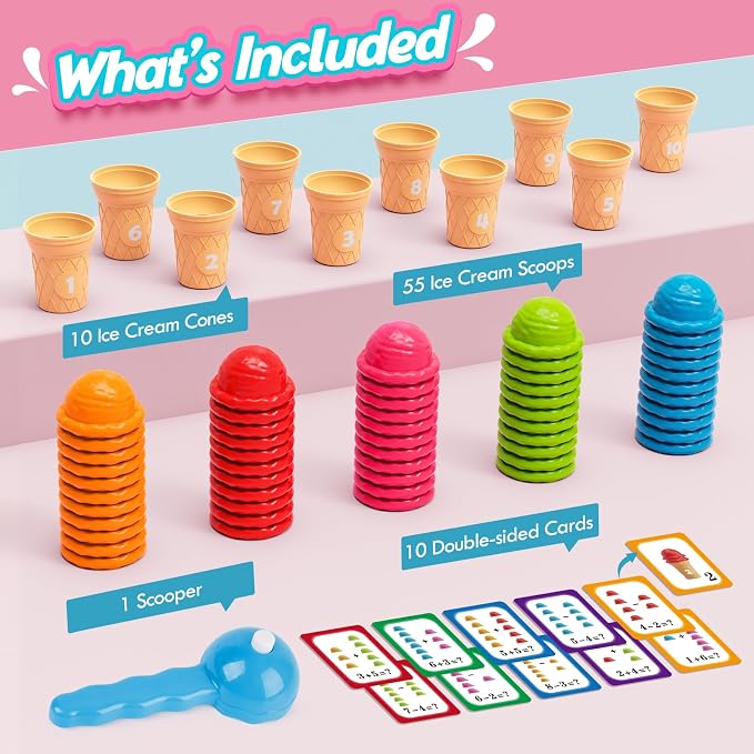 Aizweb Ice Cream Counting and Color Sorting Stacking Toys for Toddlers, Montessori Preschool Kindergarten Learning Activities,Number Math Manipulatives Math Games Educational Fine Motor Skills Toys - Image 2