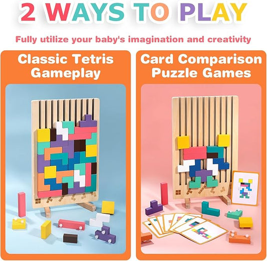 Wooden Stacking Puzzle Toy,Montessori Brain Blocks,Russian Blocks Puzzle,Brain Teasers Game with 10 Cards,Home Decor,Montessori Toys for 3 Year Old Boys&Girls