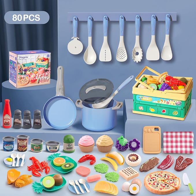 80Pcs Kitchen Playset, Toddler Pretend Cooking with Pots, Pans, Cookware, Food, Picnic Blanket, Fruits, Veges, Shopping Storage Basket, Dessert , Learning Gift for Girls Boys (Blue) - Image 2