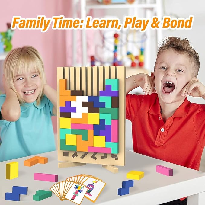 Wooden Block Puzzle Montessori Toys, Colorful Stacking Game Brain Teaser Puzzles for Toddlers and Kids with 20 Cards, Educational Wooden Toy Gifts for 3 4 5 6 7 8 Year Old Boys and Girls - Image 6