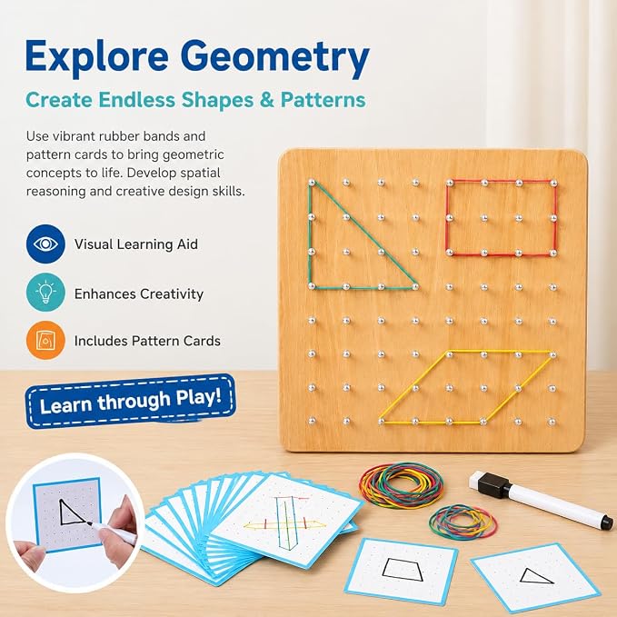 predolo 1 Piece Sensory Toys Geometric Shapes Wooden Math Development Early Learning Manipulatives Pattern Making Suitable for Preschool Classroom 18x18x3.5cm, Large Geoboard (64 pegs) - Image 8