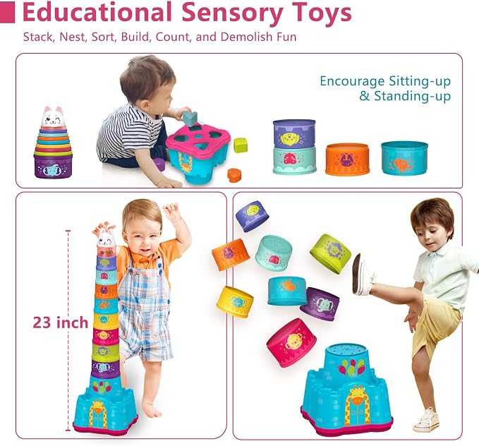 LTKFFFdp Baby Stacking Toys for Toddlers 1-3, Nesting Cups Shape Sorter for Infant 6 to 12-18 Month, Stackable Learning Toy with Blocks, Rattle & Frog Bath Toy, for Girl Boy Birthday - Image 2