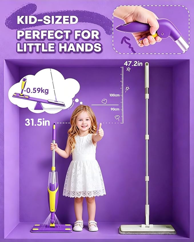 Kids Spray Mop, Fun & Functional Toddler Mop Cleaning Set,Real Working Mini Mop, Pretend Play Toy –Includes Spray Bottle,Washable Microfiber Pads, Montessori Kids Cleaning Toy Set - Image 2