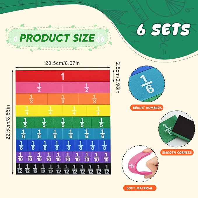6 Sets Magnetic Fraction Tiles for Classroom EVA Foam Manipulatives CCSS, STEM, ASTM Rainbow Fraction Tiles Math Learning Manipulatives Set Fraction Bars for Preschool Elementary School - Image 2