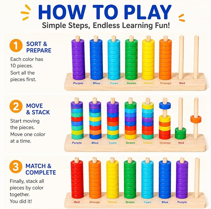Montessori Wooden Color Sorting Stacking Toys, Montessori Toys Rainbow Rings Game with 70 Pieces, Fine Motor Skills Learning Toy, Educational Preschool Gift for Boys Girls Age 3 4 5+ - Image 4