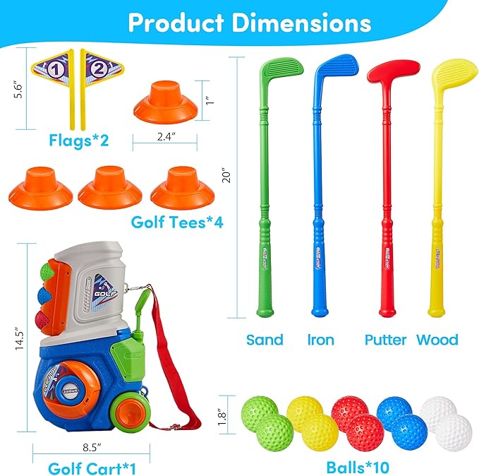 PJG Toddler Golf Set, Plastic Kids Golf Clubs 3-5 with 4 Golf Clubs and 10 Balls, Indoor and Outdoor Golf Toys with Cart for Toddlers Boys and Girls Aged 1 2 3 4 5 Years Old Birthday