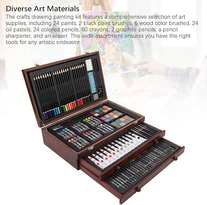 ZAICOLER 158 PCS Deluxe Art Set, Wooden Box Painting Drawing Kit with 2 Sketchbooks 24 Paints Oil Pastels Colored Pencils Crayons Brushes for Kids Teens Adults Artists Beginners