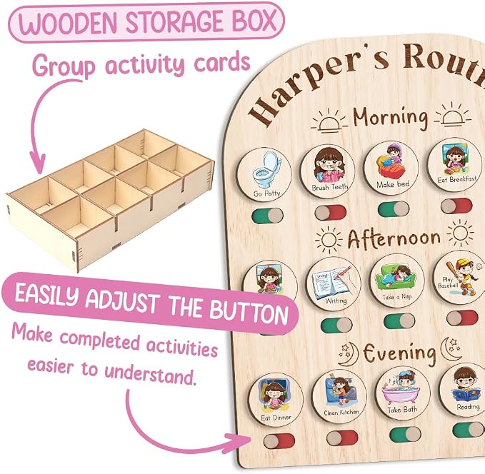 Wooden Chore Chart for Kids Visual Schedule, Routine Chart for Kids, Morning Bedtime Routine Chart for Toddlers Ages 2-4, Daily Kids Schedule Board for Home (04) - Image 5