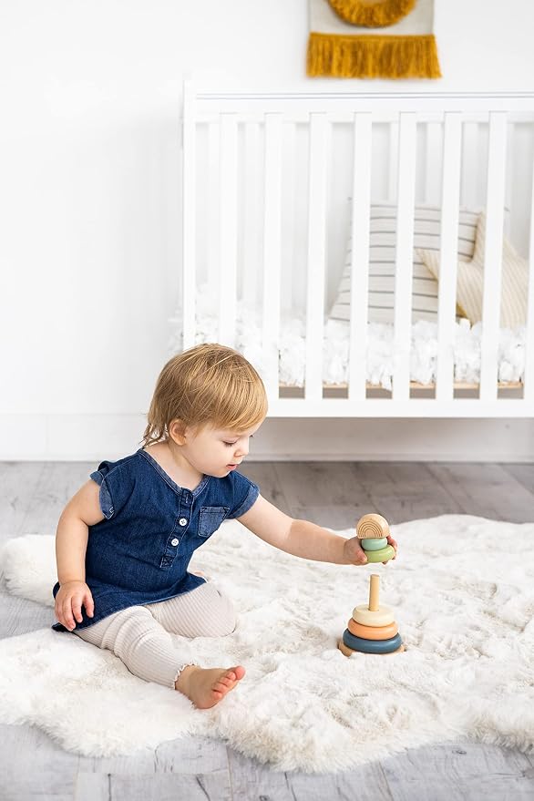 Pearhead Wooden Rainbow Stacking Ring Toy, Montessori Baby Stacker - Image 7