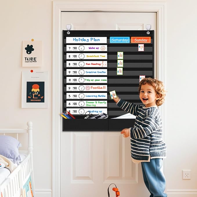 AKAYOK Daily Schedule Pocket Chart - Clear 19 Pocket Chart for Classroom with 22 Reusable Dry-Erase Cards | Perfect for Flash Cards/Sentence Strips/Cleaning Schedule and Checklist/Calendar Cards - Image 7