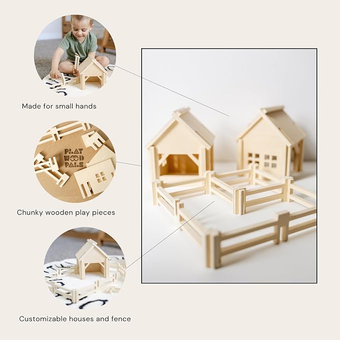 Natural Wood Farm Building Set for Kids Ages 3+, 34-Piece Farm Construction Toy with Interlocking Barns and Fences, Open-Ended Creative Building & Imaginative Play - Image 2