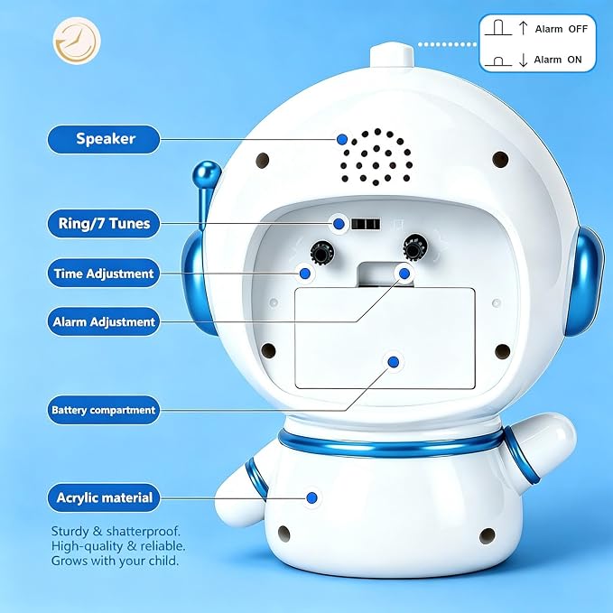 Analog Alarm Clock for Kids with Snooze and Nightlight, Cute Aatro Tabletop Lamp, Ring Alarm/Music Alarm Loud for Bedroom, Battery Powered,Kids’ Time Learning Perfect for Boys Girls Gifts - Image 7