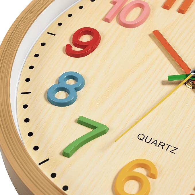 Foxtop Silent Kids Wall Clock Non-Ticking Battery Operated Colorful Childrens Clock for Classroom Playroom Nursery Bedrooms Kids Room (3D Numbers, 12 inch) - Image 5