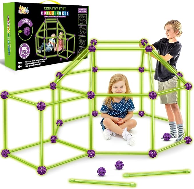 SpringFlower 100 PCS Glow in The Dark Fort Building Kit for Kids,Educational Gift for 3 4 5 6 7 8 9 10 11 12 Years Old Boys and Girls,STEM Construction Toys by SpringFlower