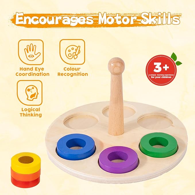 Adena Montessori Wooden 6 Rings on Peg Stacking and Sorting Ring, Wooden Rainbow Stacking Rings Baby Toy, Stacker Toys for Infants and Toddlers, Wood Educational Developmental Toy Multicolor