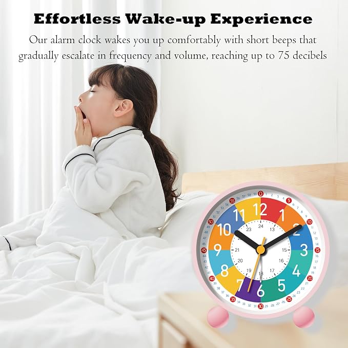 Analog Alarm Clock for Kids Learn to Tell Time with Colorful Dial, Silent Clock Movement, Battery Operated with Back-Light, for Kids,Teens and Nice Bedroom Decor (Pink) - Image 3