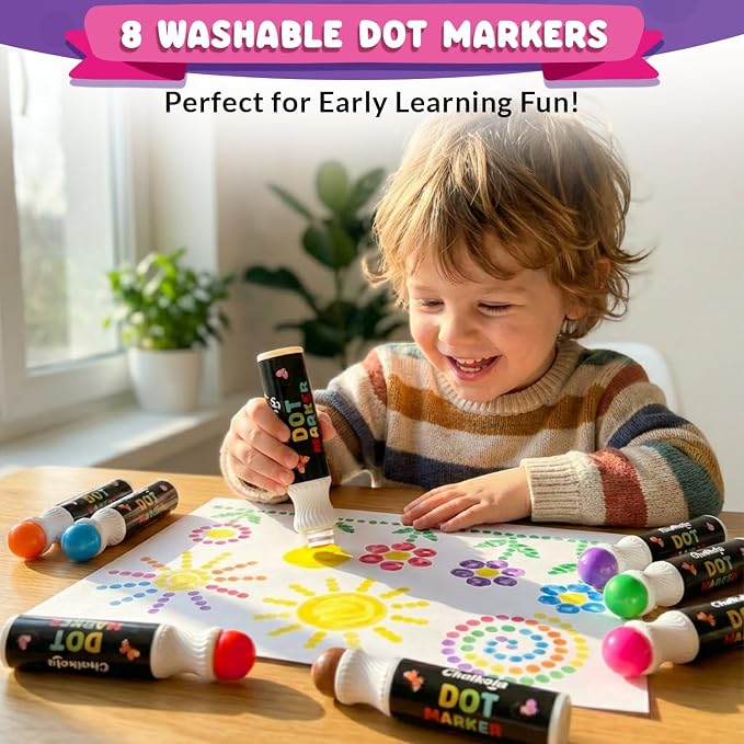Chalkola Dots of Fun, 8 Washable Dot Markers + Dot Art Sticker Activity Kit - Image 3