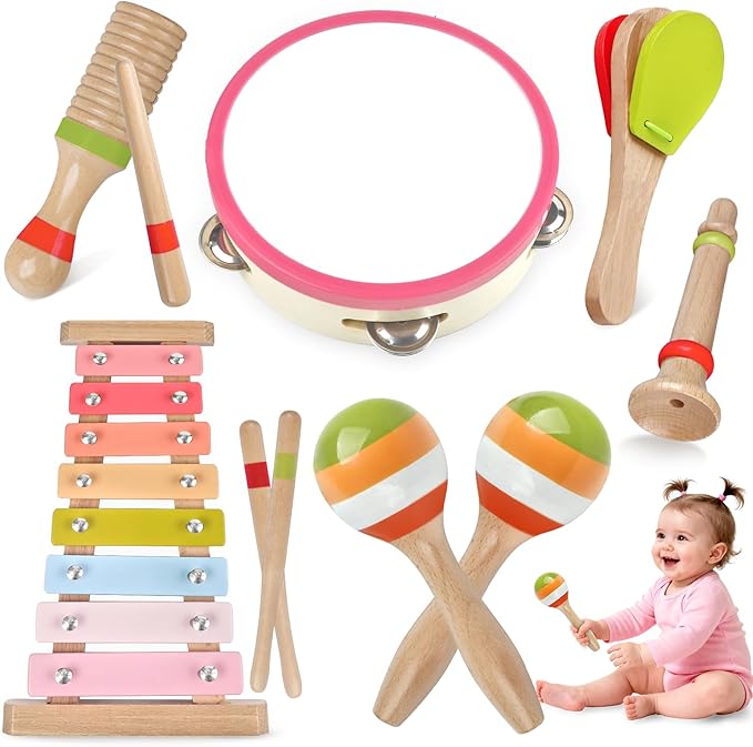 Toddlers Musical Instruments for 1 2 3 Year Old Girls,Baby Montessori Wooden Musical Toys for Toddlers 1-3 Year Old,Kids Musical Toy for Preschool,Christmas Birthday Gift for Baby Girls (Pink 6 in 1)