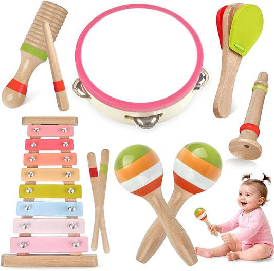 Toddlers Musical Instruments for 1 2 3 Year Old Girls,Baby Montessori Wooden Musical Toys for Toddlers 1-3 Year Old,Kids Musical Toy for Preschool,Christmas Birthday Gift for Baby Girls (Pink 6 in 1)