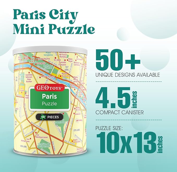 Geotoys Paris Mini Puzzle - 100 Piece Puzzles for Kids and Adults in Portable Can, 13" x 10" Educational Travel Puzzle for Ages 7 and Up - Mini Puzzles to Learn & Explore Geography - Image 2