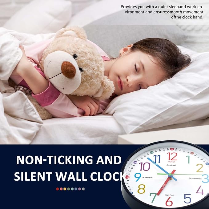 Learning Clock for Kids, 10'' Silent Non-Ticking Teaching to Tell Time Colorful Wall Clocks for Children's Room Bedroom Classroom Home Decor, Gifts for Christmas Birthday (Black) - Image 6