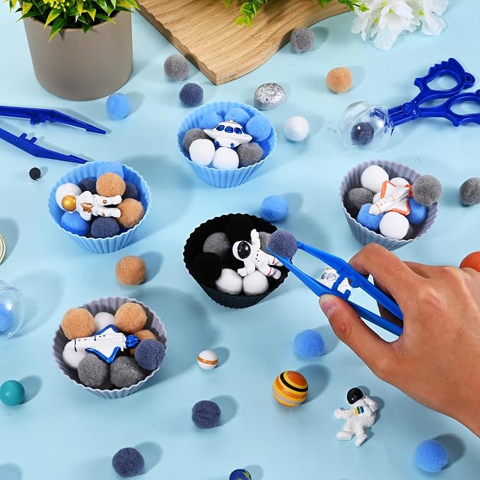 Sanixn 152 Pcs Space Sensory Bin Fillers Outer Space Fine Motor Skills Astronauts Sensory Bin Item Pompoms Cups Tweezers Scissor Clips for Preschool Education Activities Sorting Counting(Space) - Image 7