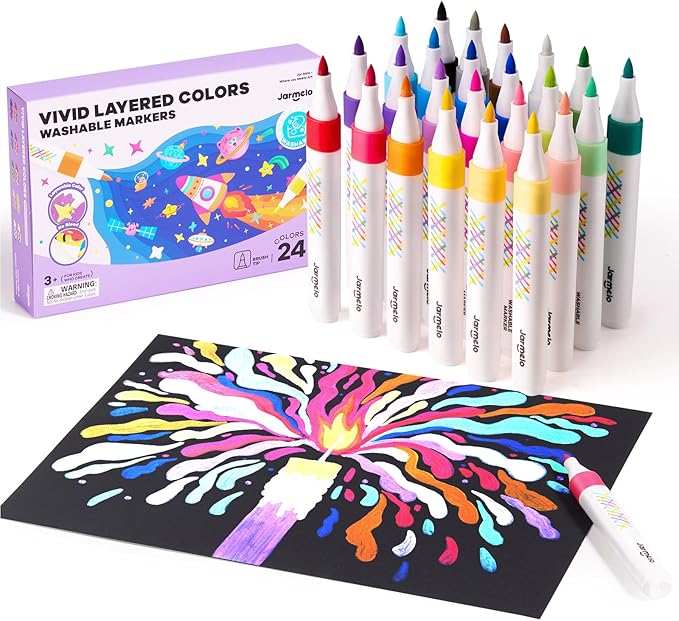 Jar Melo Washable Layered Markers for Kid Age 4-8, Water Based Blendable Markers for Toddler Safe and Non-Toxic, Coloring Art Supplies for Preschool Gift, 24 Colors