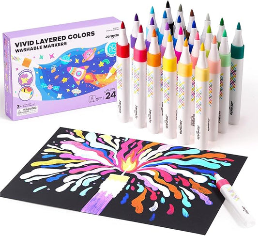 Jar Melo Washable Layered Markers for Kid Age 4-8, Water Based Blendable Markers for Toddler Safe and Non-Toxic, Coloring Art Supplies for Preschool Gift, 24 Colors