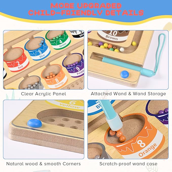 Magnetic Numbers Maze Toy for Kids with Colorful Beads, Montessori-Inspired Fine Motor Skills Learning Puzzle, Educational Counting and Sorting Game, Eco-Friendly Wooden Design