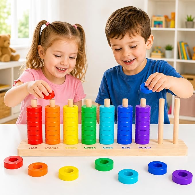 Montessori Wooden Color Sorting Stacking Toys, Montessori Toys Rainbow Rings Game with 70 Pieces, Fine Motor Skills Learning Toy, Educational Preschool Gift for Boys Girls Age 3 4 5+ - Image 3