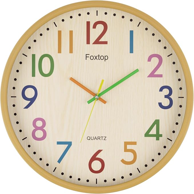 Foxtop 14 Inch Kids Wall Clock Silent Non-Ticking Battery Operated Colorful Childrens Wall Clock for Classroom Playroom Nursery Bedrooms Kids Room School by Foxtop