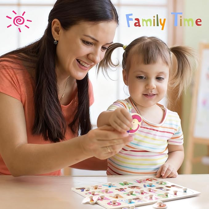 Wooden Peg Puzzles for Toddlers, 6 Pack Toddler Puzzles Set for 3 4 5 Years Old, Preschool Education Learning Puzzle Toys for Girls and Boys (Alphabet Number Animal Vehicle Fruit Occupation) - Image 7