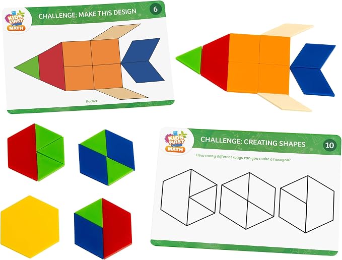 Kids First Math: Pattern Blocks Math Kit w/Activity Cards | 250 Colorful Plastic Geometric Blocks | Explore Geometry, Shapes, Division, Fractions & More | At-Home or Classroom Learning, Ages 3+ - Image 2