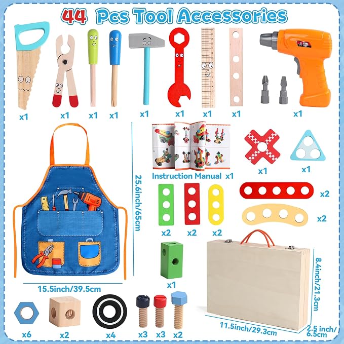 TONZE Wooden Kids Tool Set with Drill, Montessori Toys for 3 Year Old Boys - Image 8