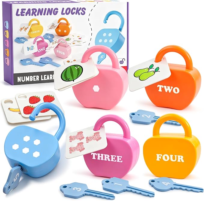 GEERAY Cause and Effect Toys for Toddlers 3+, Montessori Lock & Key Set with 5 Apple-Shaped Locks, Keys & 10 Cards – Learn Numbers, Colors & Motor Skills STEM Toy Gift for Home & Classroom by GEERAY