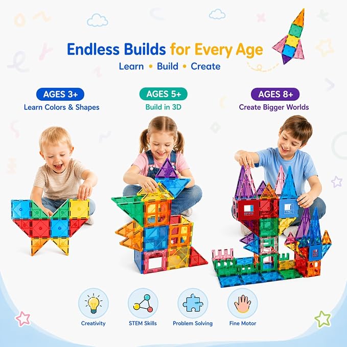 AFUNX 102PCS Magnetic Tiles for Kids,Strong Magnets,3D Clear STEM Toys - Image 4
