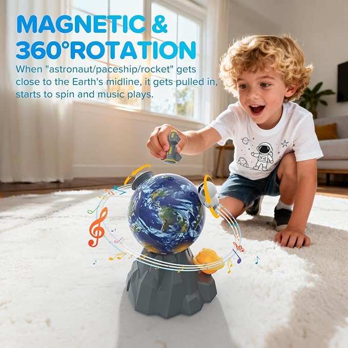 Magnetic Musical Rotating Ball,Space Toys for Kids 3 4 5 6 7 8 9 10 Year Old Boys Girls Sensory Toys for Toddlers Birthday Gifts Educational STEM Toy Playset with Astronauts Rocket Spacecraft Planet
