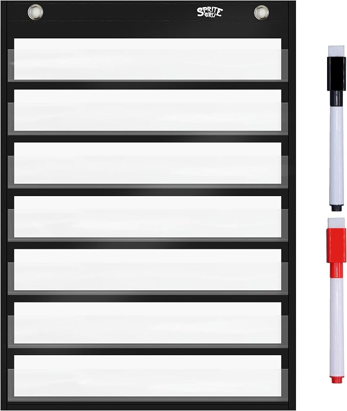 Magnetic Pocket Chart with 10 Dry Erase Cards for Standards,Daily Schedule,Activities,Class demonstrations (Black) by SpriteGru