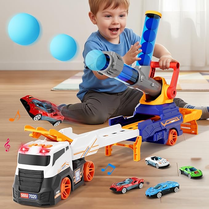 Truck Toys for Kids, EVA Ball Launcher Car Toys for Boys 3-5, Foldable Toy Truck with Light & Sound, Shooting Transport Toy Car Playset, Christmas Birthday Gifts for Kid Boys Age 3 4 5 6 Years Old