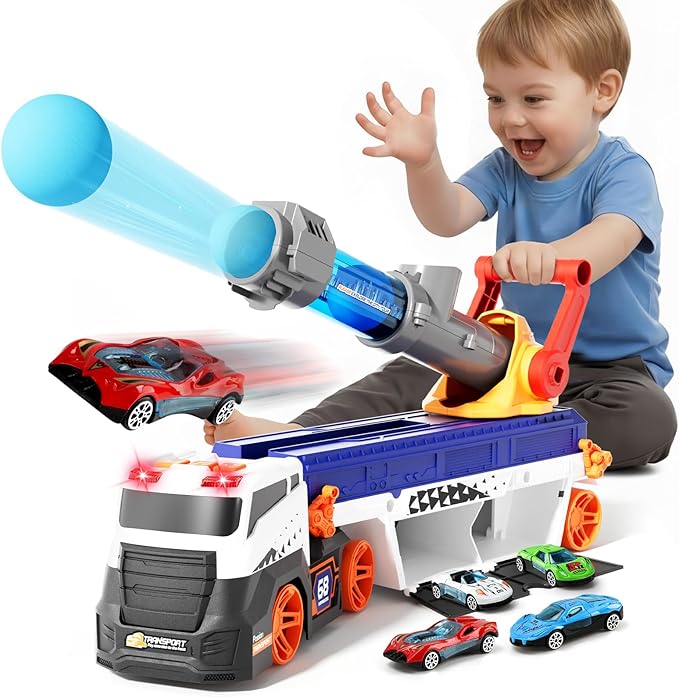 Transport Truck Toys for Kid Boys 3-5, EVA Ball Launcher Car Toys for Kids, Garage Car Toys with Light & Sound, Shooting Toy Sets, Christmas Birthday Gifts for Kid Boys Age 3 4 5 6