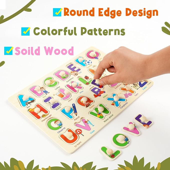 Wooden Peg Puzzles for Toddlers, 6 Pack Toddler Puzzles Set for 3 4 5 Years Old, Preschool Education Learning Puzzle Toys for Girls and Boys (Alphabet Number Animal Vehicle Fruit Occupation) - Image 5