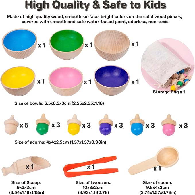 Wooden Color Sorting Toys for Toddlers - Montessori Counting Game with 6 Bowls & 20 Weighted Acorns - DIY Unpainted Pieces - Premium Educational Set with Tweezers, Spoon, Scoop & Bag - Kids 3+ - Image 5