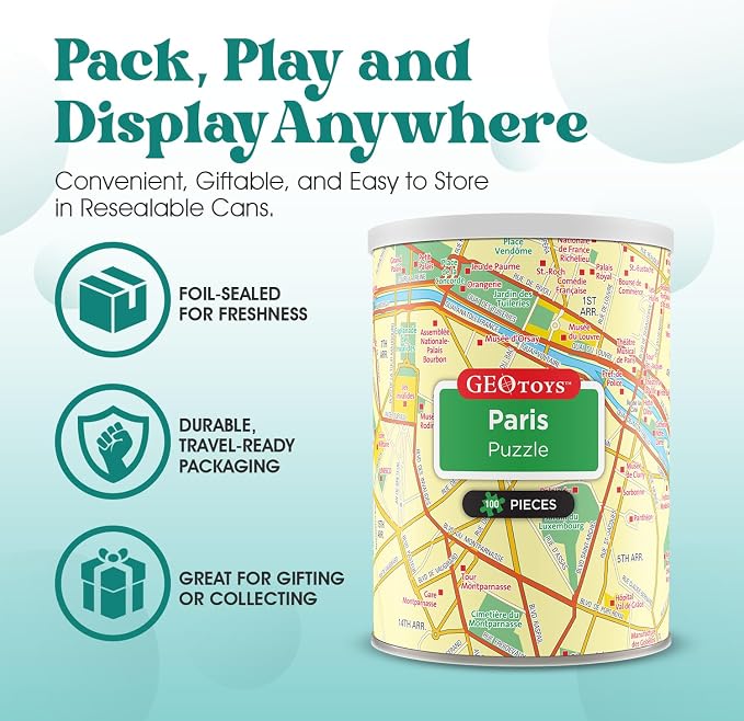 Geotoys Paris Mini Puzzle - 100 Piece Puzzles for Kids and Adults in Portable Can, 13" x 10" Educational Travel Puzzle for Ages 7 and Up - Mini Puzzles to Learn & Explore Geography - Image 3