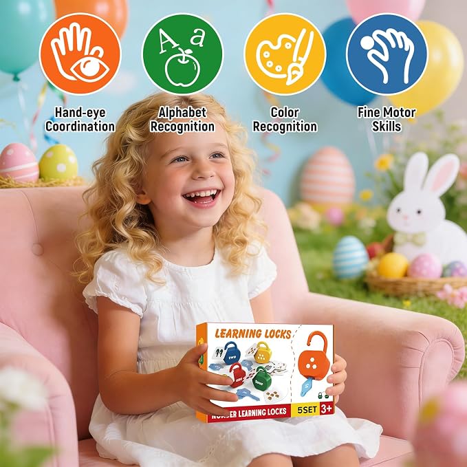 GEERAY Cause and Effect Toys for Toddlers 3 4 5, Montessori Lock & Key Set with 5 Apple-Shaped Locks, Keys & 10 Cards – Numbers Matching & Counting, Preschool Learning Games Gifts - Image 6