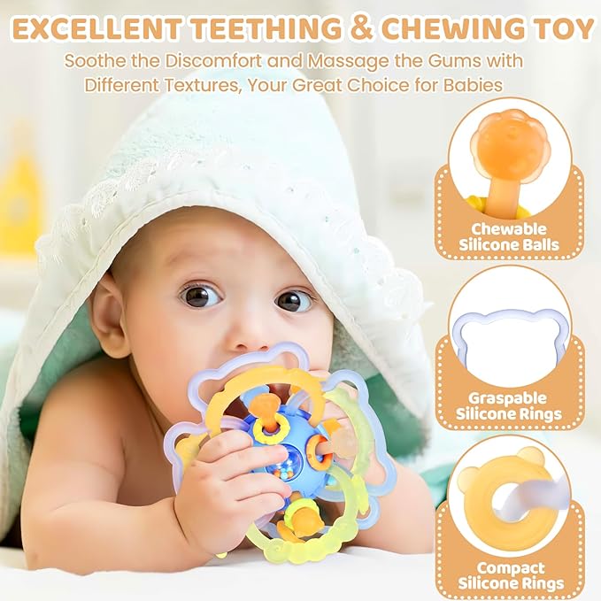 Orzbow Sensory Teething Toys for Babies, Montessori Toys 3-18 Months, Infant Teethers Relief, Silicone Baby Rattle, BPA Free, Blue