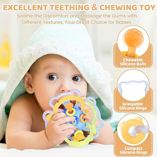 Orzbow Sensory Teething Toys for Babies, Montessori Toys 3-18 Months, Infant Teethers Relief, Silicone Baby Rattle, BPA Free, Blue